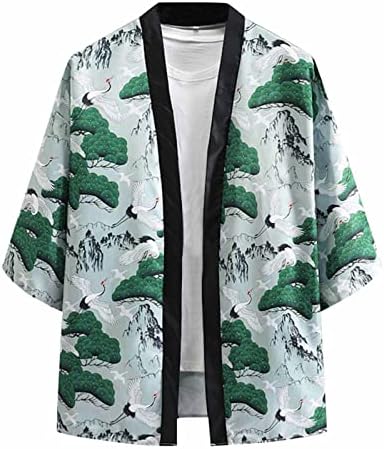 UBST japansko kimono kardigan za muške, labave otvorene prednje 3/4 rukave bijele dizalice cvjetni print
