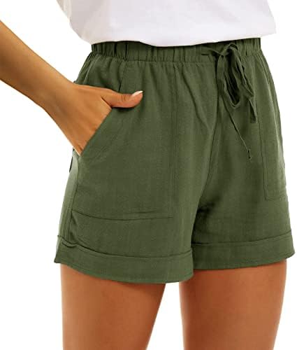 Žene Ljetne posteljine kratke hlače Elastična visoka struka Čvrsta boja Bermuda kratke hlače Stretch širokih