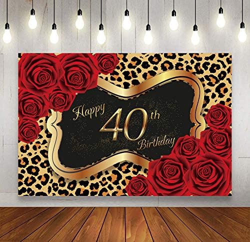 Leopard Print Crvena ruža tema za djevojčinu ženu 40. rođendan rođendanska zabava pozadina fotografije, desertni sto za djevojačku zabavu banner, ukrašen 4x6ft