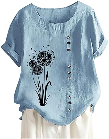 pbnbp womens Summer Loose Fit Shirts Cotton Linen kratki rukavi maslačak Tunic Tops Plus Size Round Neck