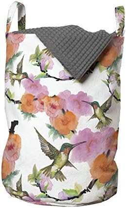 Ambesonne Hummingbird torba za pranje veša, vodene životinje koje lete iznad svežeg lisnatog cveta na granama, korpa za korpe sa ručkama zatvaranje Vezica za pranje veša, 13 x 19, višebojna