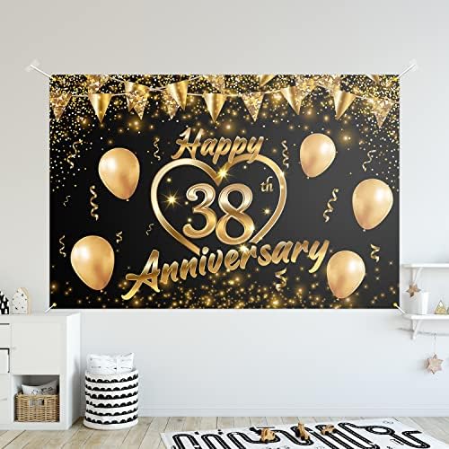 Sretna 38. godišnjica pozadina Banner dekor crno zlato-Glitter Love Heart Happy 38 godina godišnjica vjenčanja