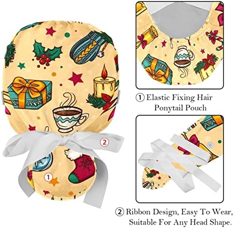 Ratgdn Medicinske kape za žene sa dugminama Duge kose, 2 komada podesiva radna kapa, božićni krajolik