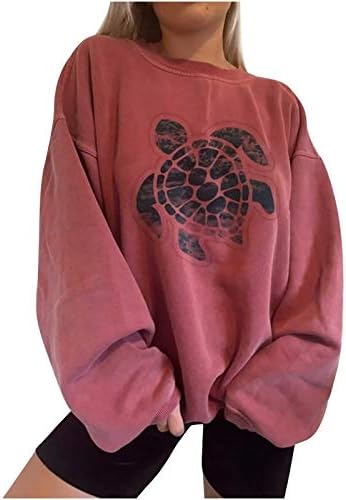 Predimenzionirana dukserica za žene slatka kornjača s printom Crewneck grafičke dukserice Y2k Tops labavi pulover dugih rukava