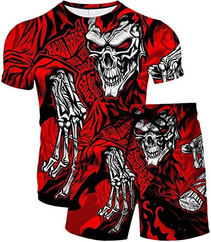 Urvip Muške 2 kom Halloween Skull tiskane majice i kratke hlače Postavite sportsku mrežicu trenerka
