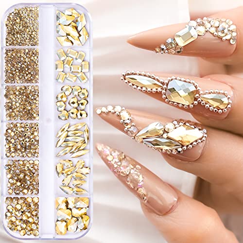 1140kom Champagne Gold Rhinestones za nokte Gems Multi Shapes Crystal Gold Diamond Gem Stone mješoviti dizajn