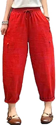 Maiyifu-GJ ženske posteljine nacrtane hlače Ljeto meke casual elastične struine pantalone široke noge obrezane pantalom s džepovima