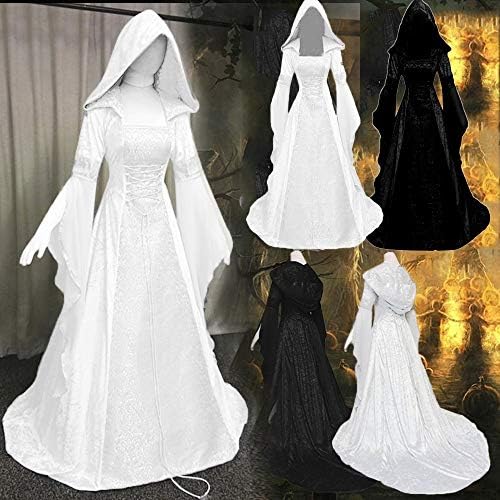 ZEFOTIM Medieval Dress, Womens Vintage Hooded Witch Cloak Dress truba rukav Srednjovjekovna vjenčanica Halloween