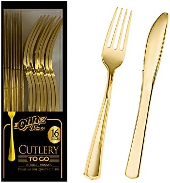 Onn+ ToGo 16 Zlatni plastični pribor za jelo-pribor za jelo za jednokratnu upotrebu | 8 plastičnih viljuški,