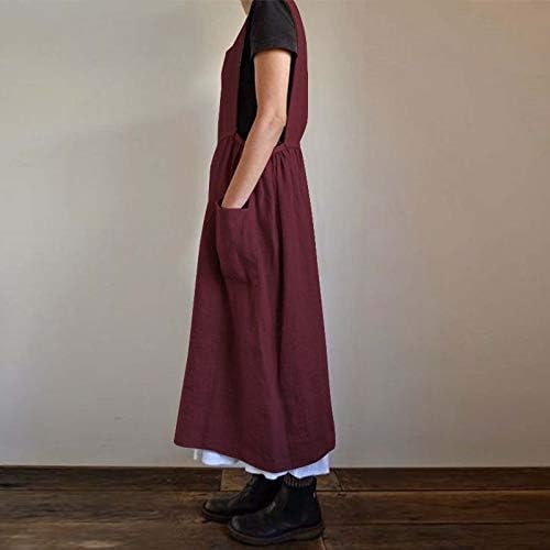 Haljina za ženske djevojke Vintage Pleated džepovi pregače za vrtlarstvo Djevice pamuk Ukupna haljina s