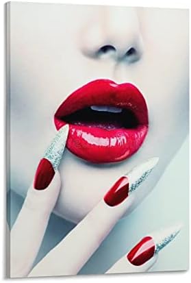 Nail Art Posteri seksi crvene usne modna boja koja odgovara umjetnosti noktiju kozmetički Salon Makeup Salon Posteri zidne umjetničke slike platnene zidni dekor Kućni dekor dnevni boravak dekor estetski 12x18inch okvir-