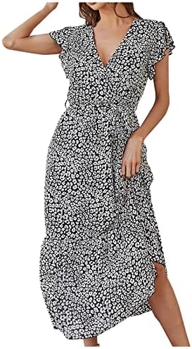 Lmdudanske ljetne haljine za žene 2023 Modni kratki rukav, puna boja dugačka haljina casual gumba V izrez