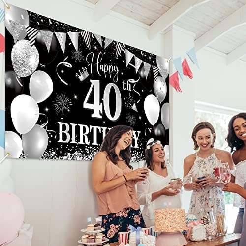 40th Birthday Banner Backdrop,BTZO Happy 40th Birthday dekoracije, Crna Srebrna tkanina pozadina za muškarce