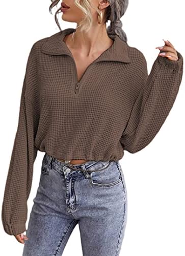 Ženska četvrt lilycoco zip pulover vafle pletene dugih rukava usjeva