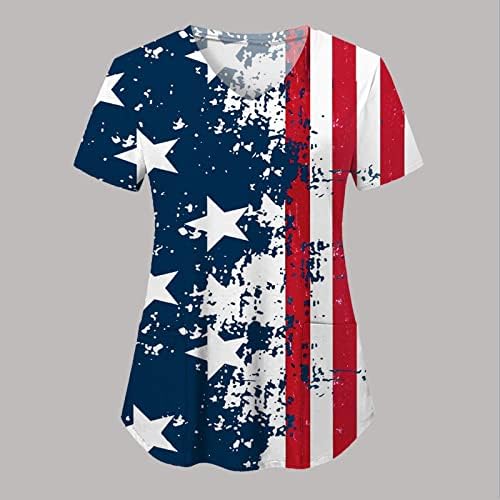 Majice za 4. jul za žene američka zastava ljetna kratka rukava V vratna košulja sa 2 džepa bluze praznična