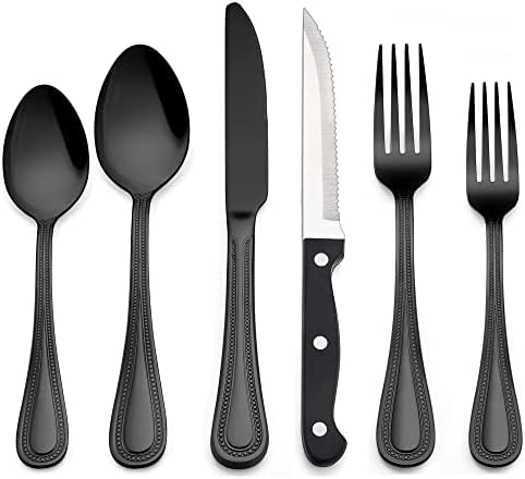 Lianyu 36-dijelni crni set srebrnog posuđa sa noževima za odreske za 6, Set pribora za jelo od nehrđajućeg